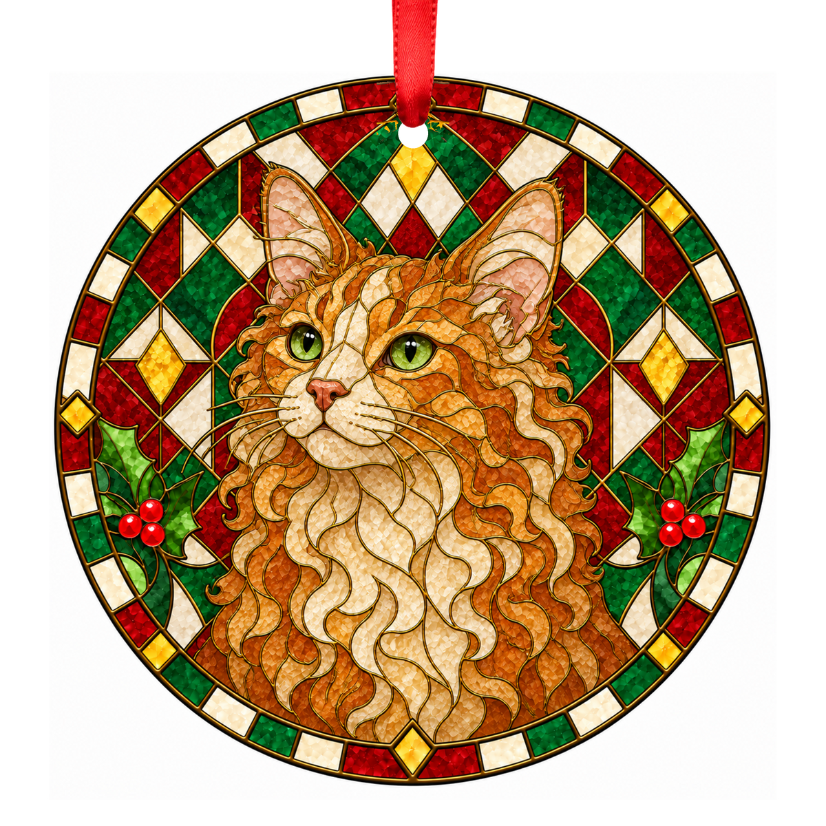 LaPerm Red Tabby stained glass pet Christmas ornament