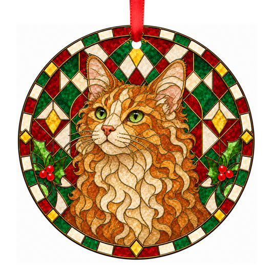 LaPerm Red Tabby stained glass pet Christmas ornament