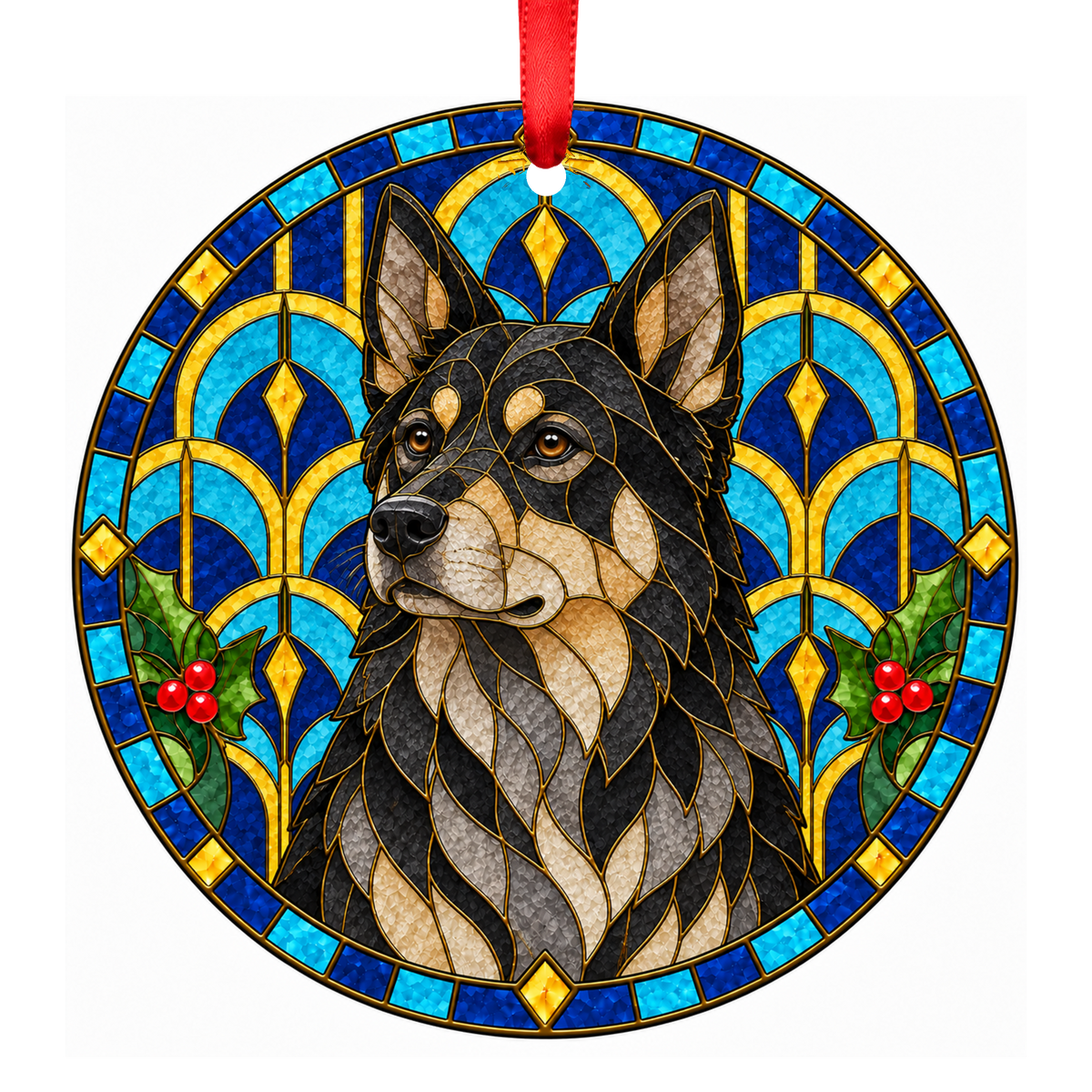 Lapponian Herder Black and Tan stained glass pet Christmas ornament