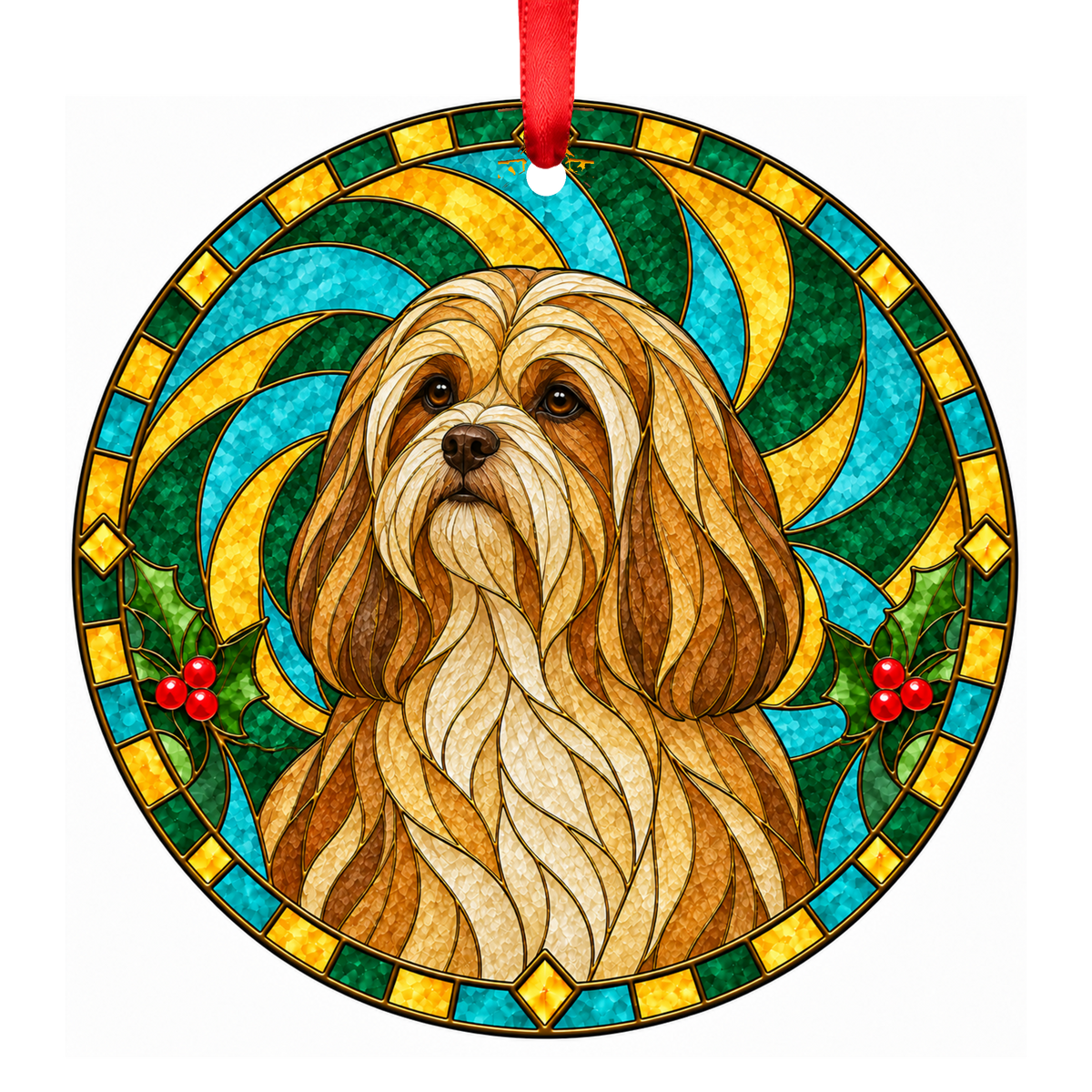 Lhasa Apso Gold and White stained glass pet Christmas ornament