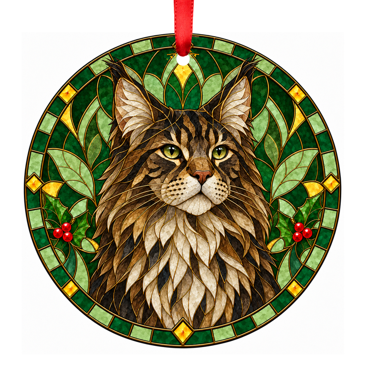 Maine Coon Brown Tabby stained glass pet Christmas ornament