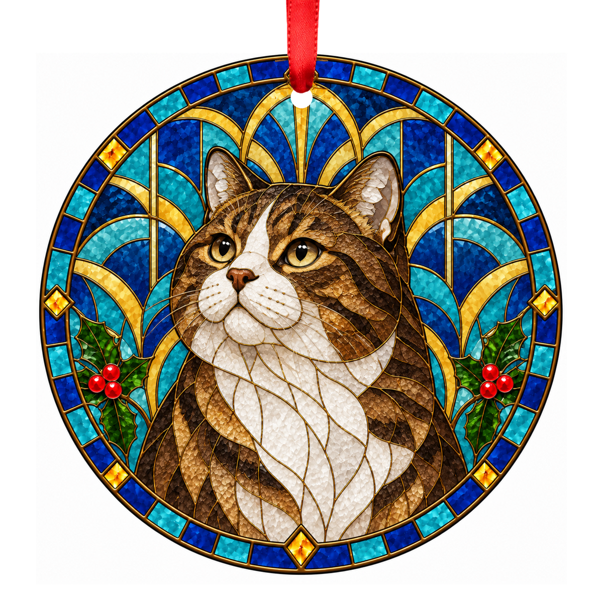 Manx Brown Tabby and White stained glass pet Christmas ornament