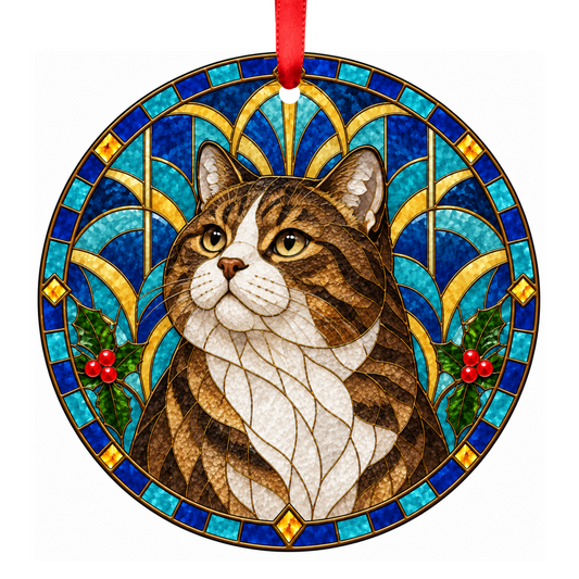 Manx Brown Tabby and White stained glass pet Christmas ornament