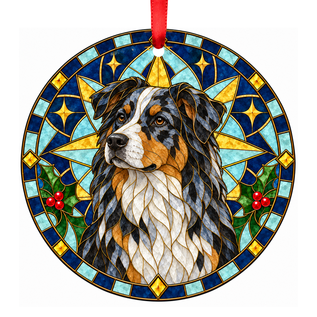 Miniature American Shepherd Blue Merle and Tan with White stained glass pet Christmas ornament