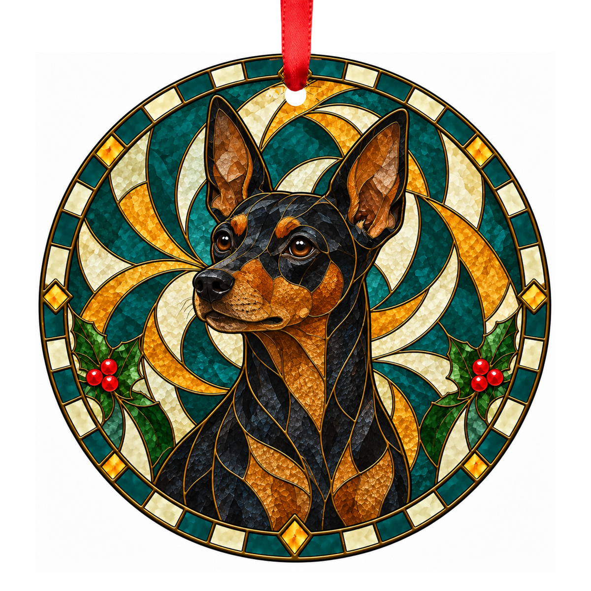Miniature Pinscher Black and Tan stained glass pet Christmas ornament