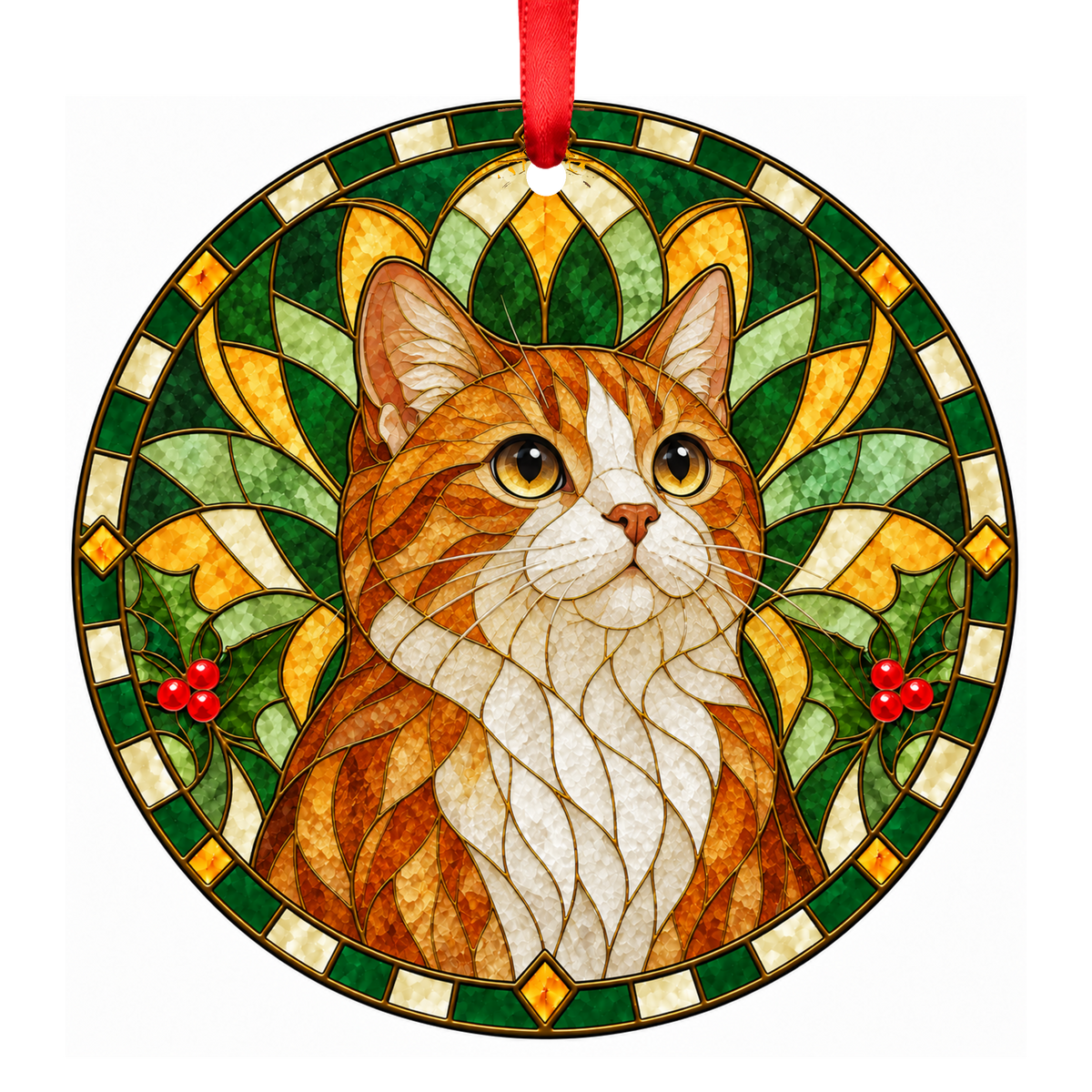 Munchkin Red Tabby and White stained glass pet Christmas ornament