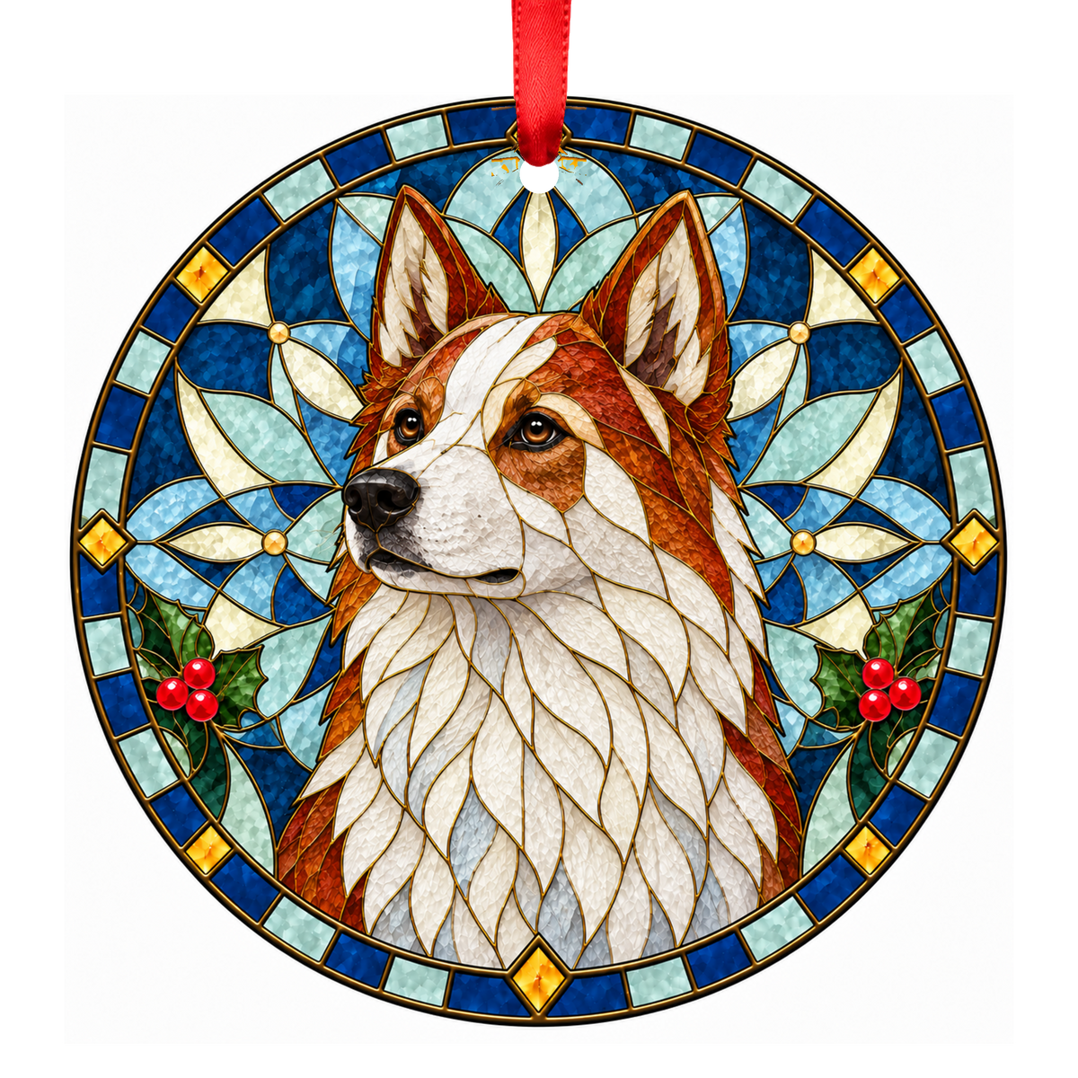 Norrbottenspitz Red and White stained glass pet Christmas ornament