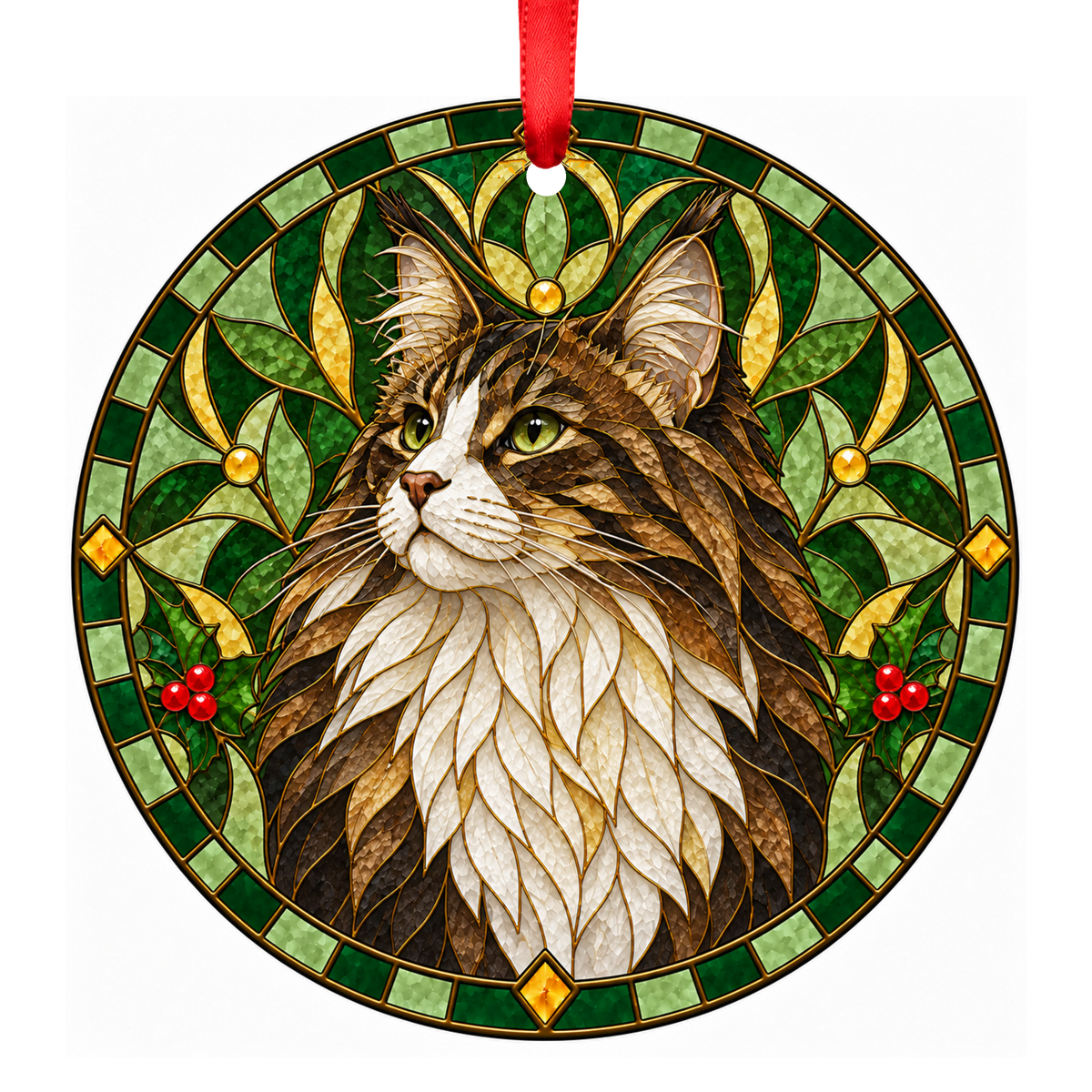 Norwegian Forest Cat Brown Tabby and White stained glass pet Christmas ornament