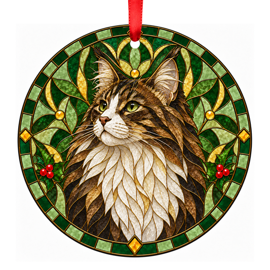 Norwegian Forest Cat Brown Tabby and White stained glass pet Christmas ornament