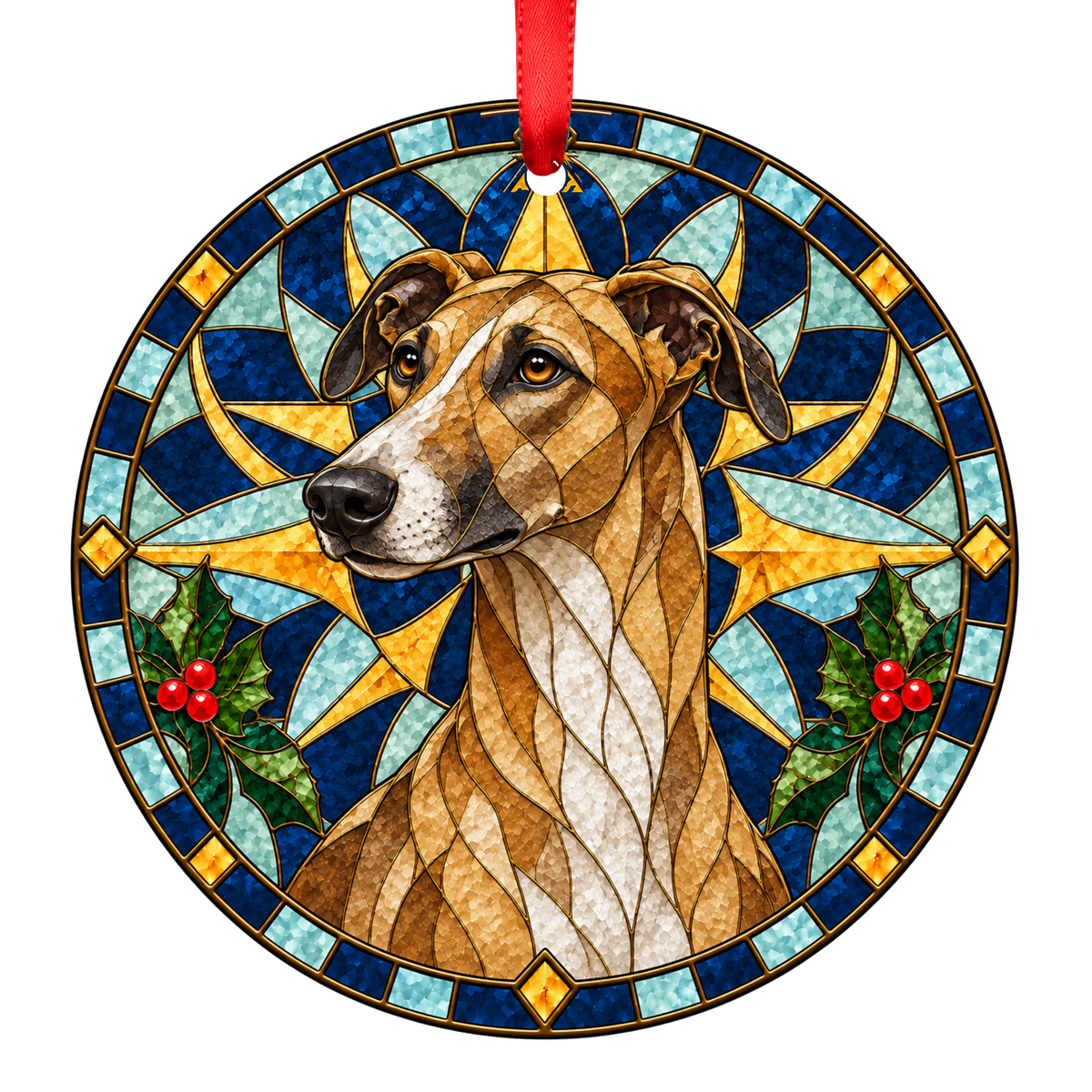 Polish Greyhound Fawn and White stained glass ornament