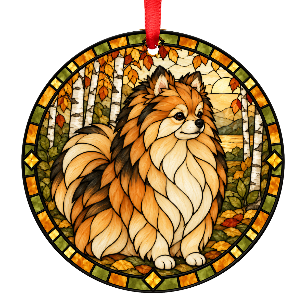 Pomeranian Orange Sable stained glass style Christmas ornament mockup