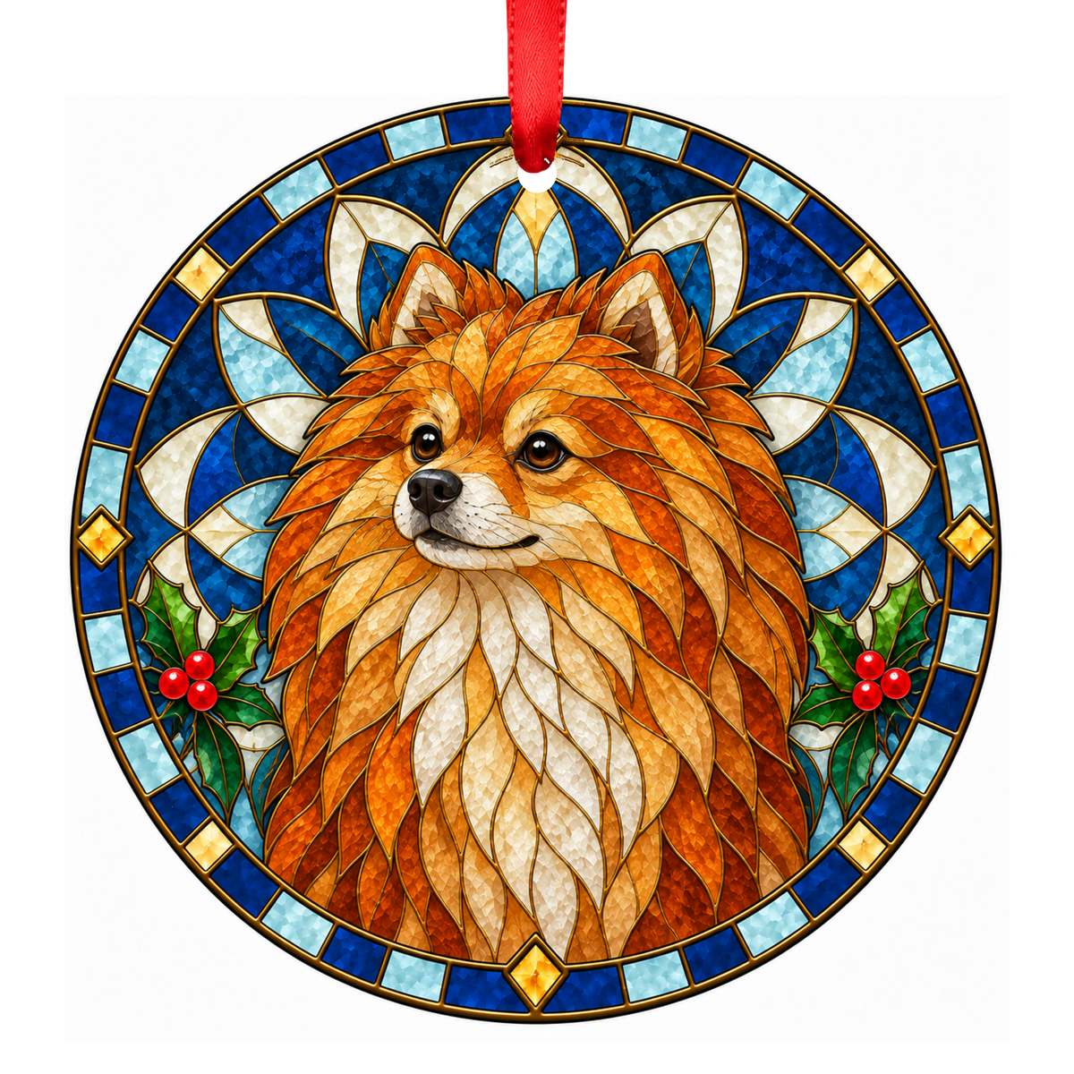 Pomeranian Orange stained glass style Christmas ornament mockup