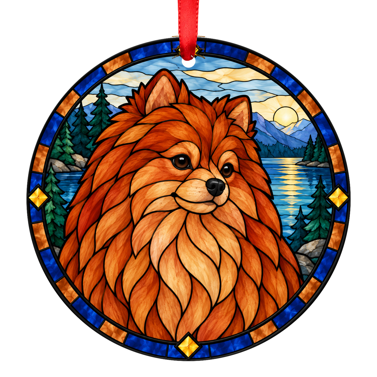 Pomeranian Red stained glass style Christmas ornament mockup
