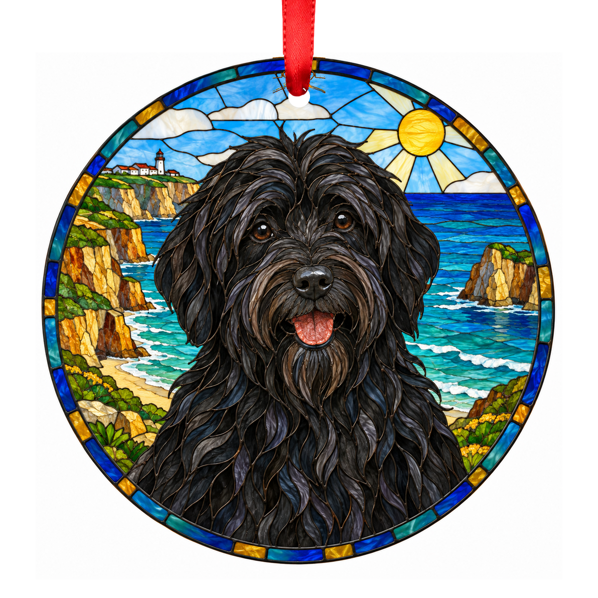 Portuguese Sheepdog Black porcelain Christmas ornament with red ribbon — ORN-11170