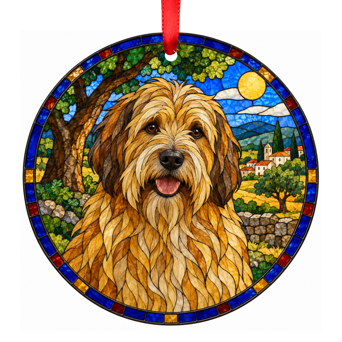 Portuguese Sheepdog Yellow porcelain Christmas ornament with red ribbon — ORN-11175