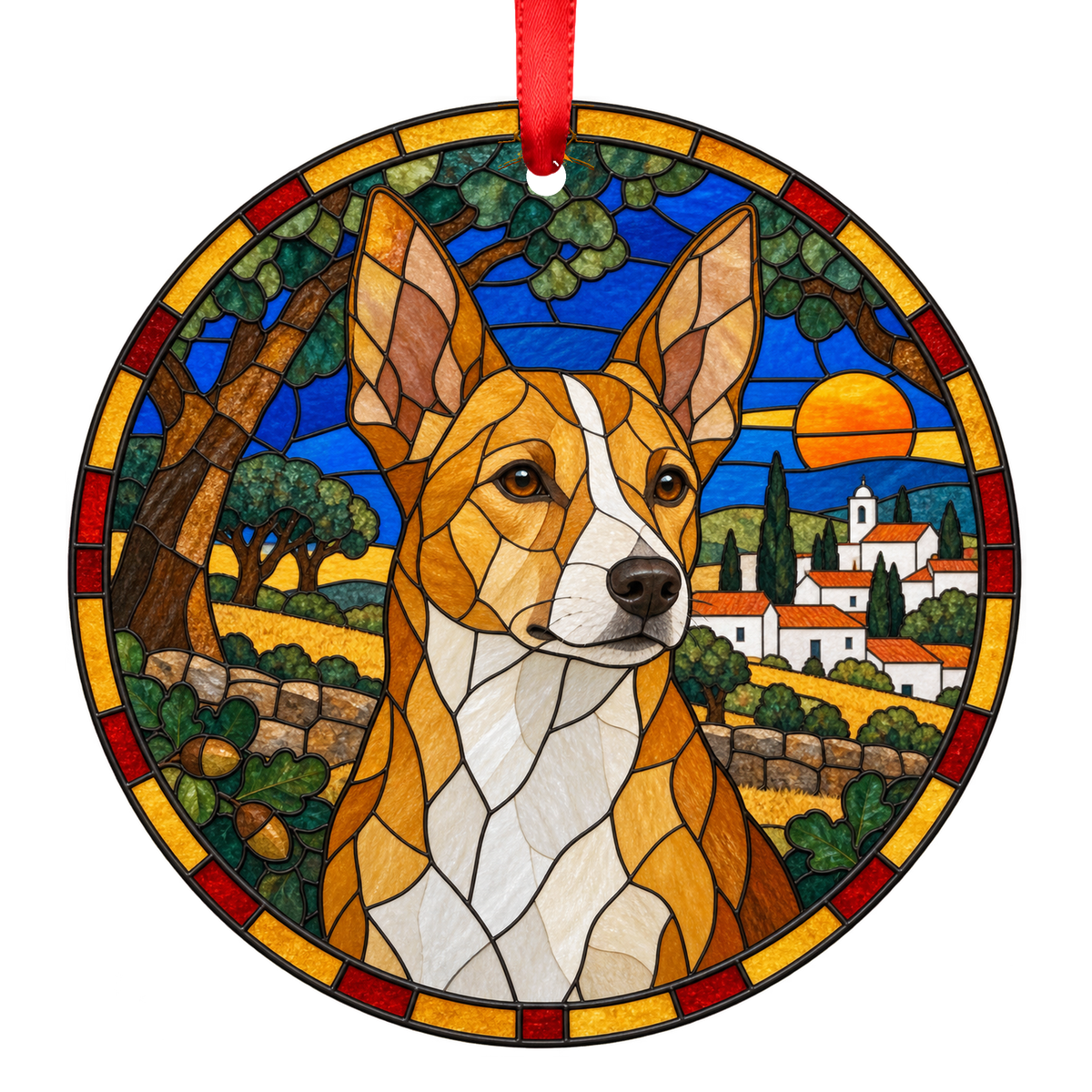 Portuguese Warren Hound-Portuguese Podengo Fawn and White porcelain Christmas ornament with red ribbon — ORN-11176