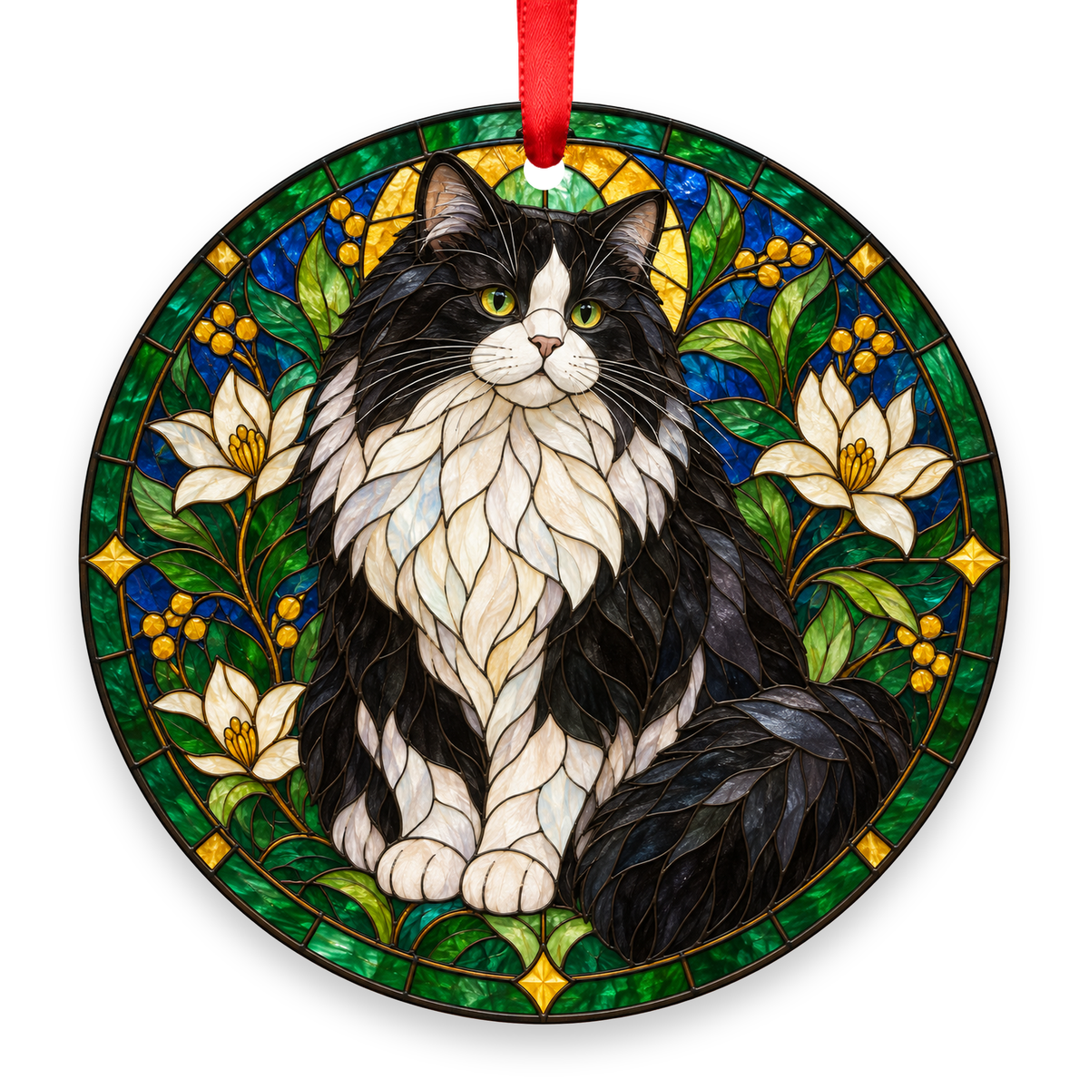RagaMuffin Black and White stained glass style Christmas ornament with red ribbon