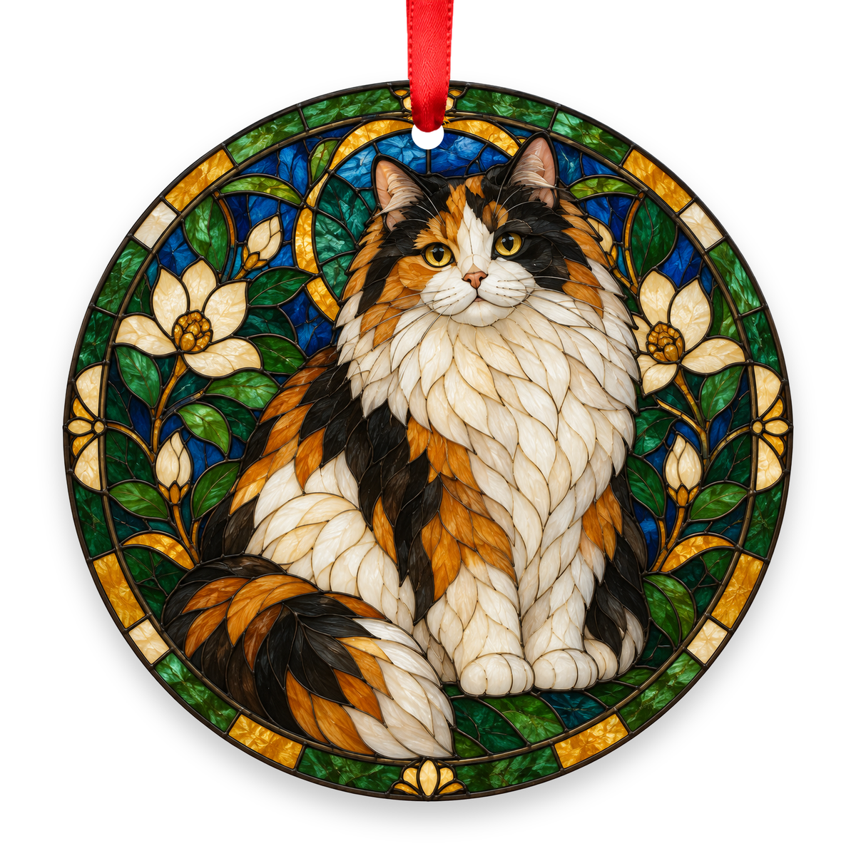 RagaMuffin Calico stained glass style Christmas ornament with red ribbon
