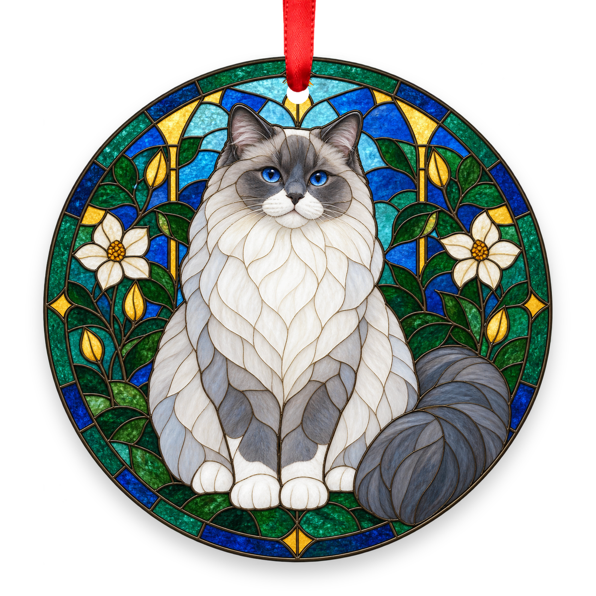Ragdoll Blue Mitted stained glass style Christmas ornament with red ribbon