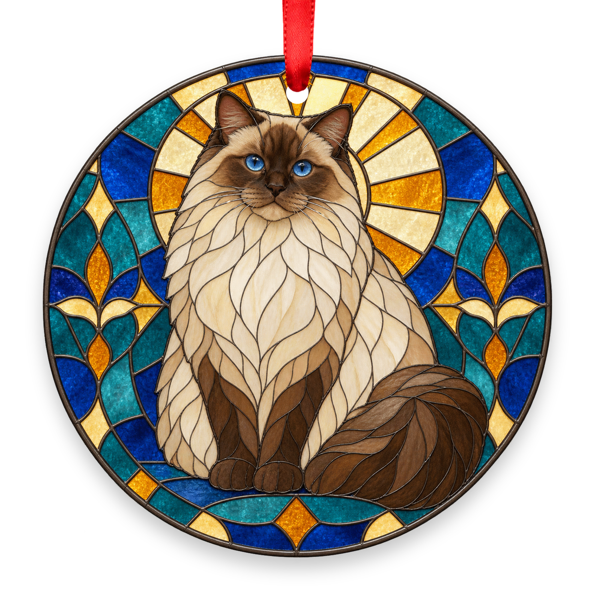 Ragdoll Chocolate Colorpoint stained glass style Christmas ornament with red ribbon