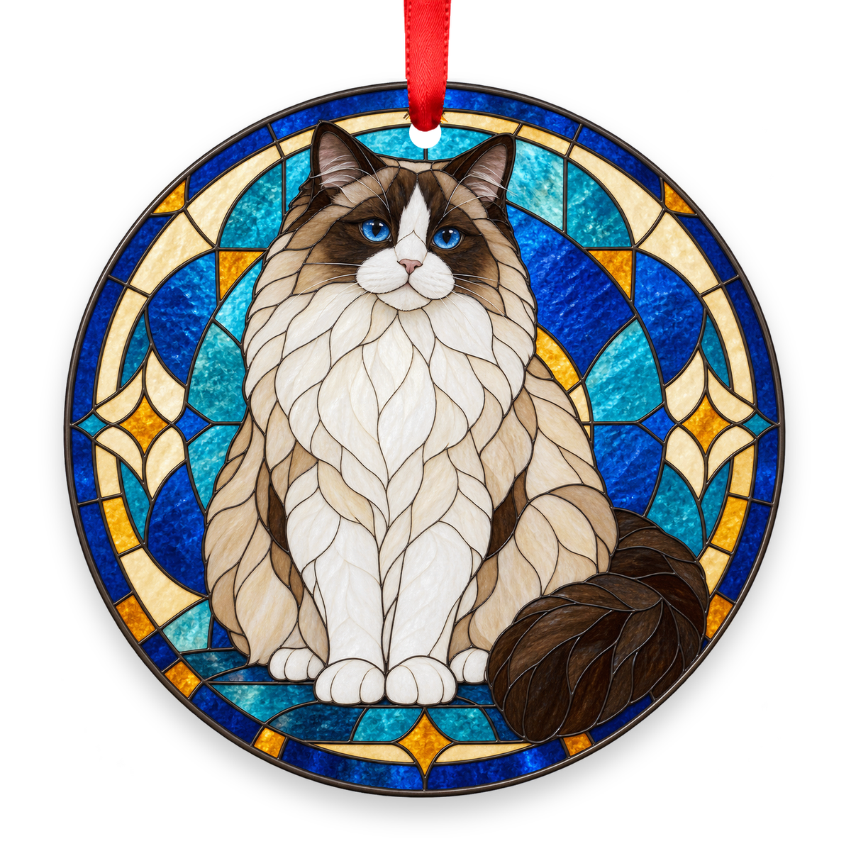 Ragdoll Seal Bicolor stained glass style Christmas ornament with red ribbon