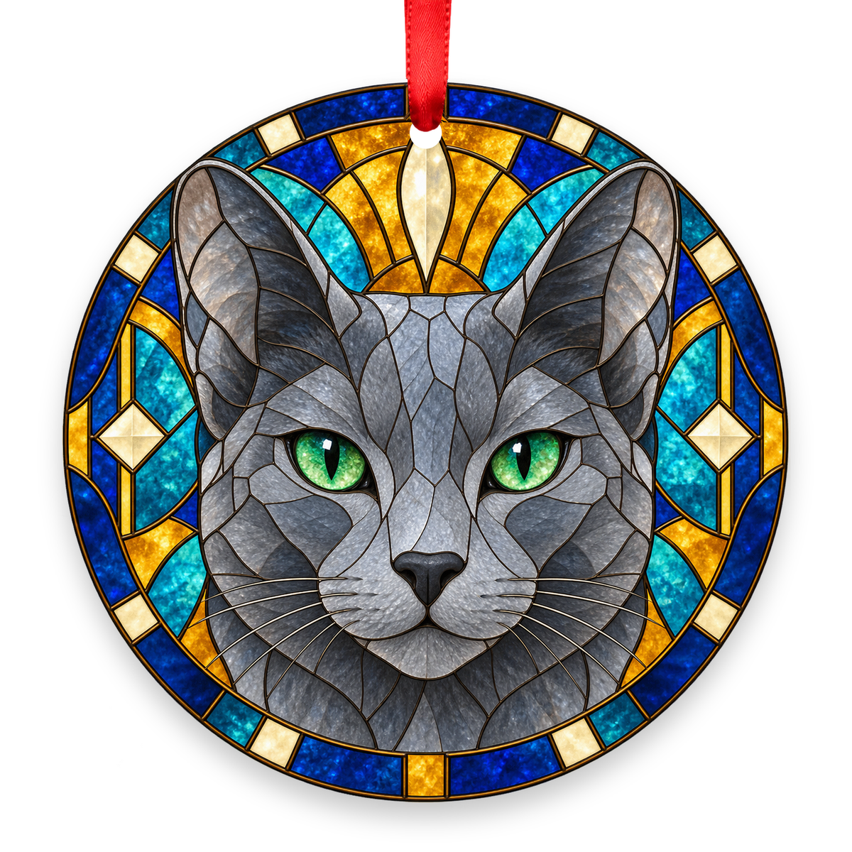 Russian Blue blue gray stained glass style Christmas ornament with red ribbon