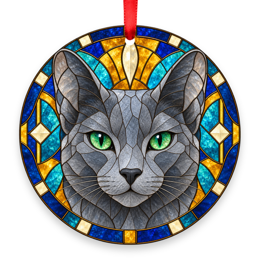 Russian Blue blue gray stained glass style Christmas ornament with red ribbon