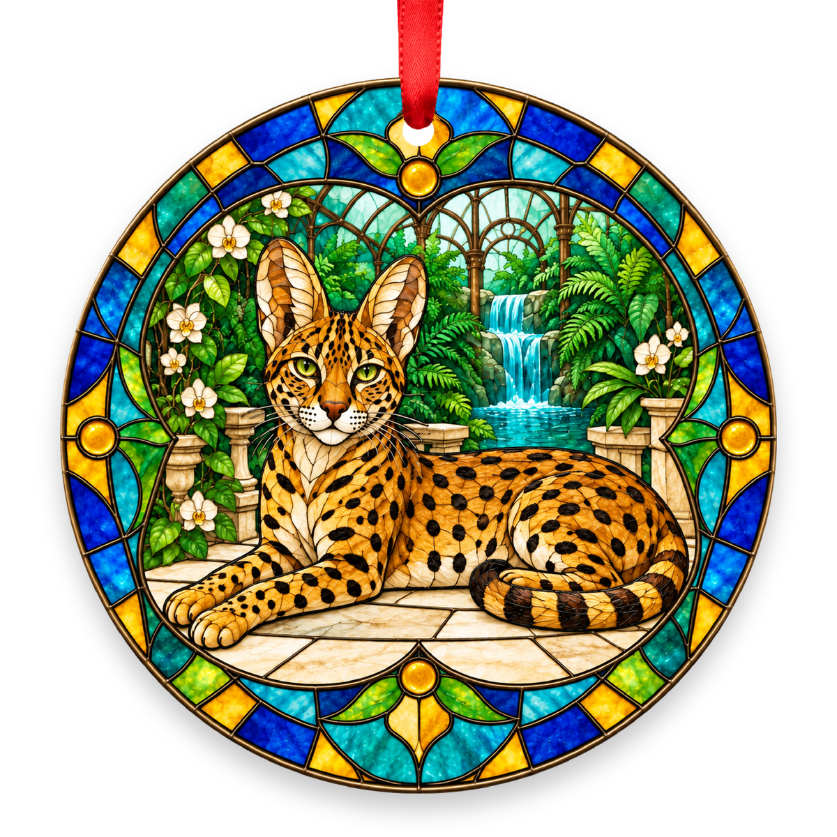 Savannah Brown Spotted stained glass style Christmas ornament with red ribbon