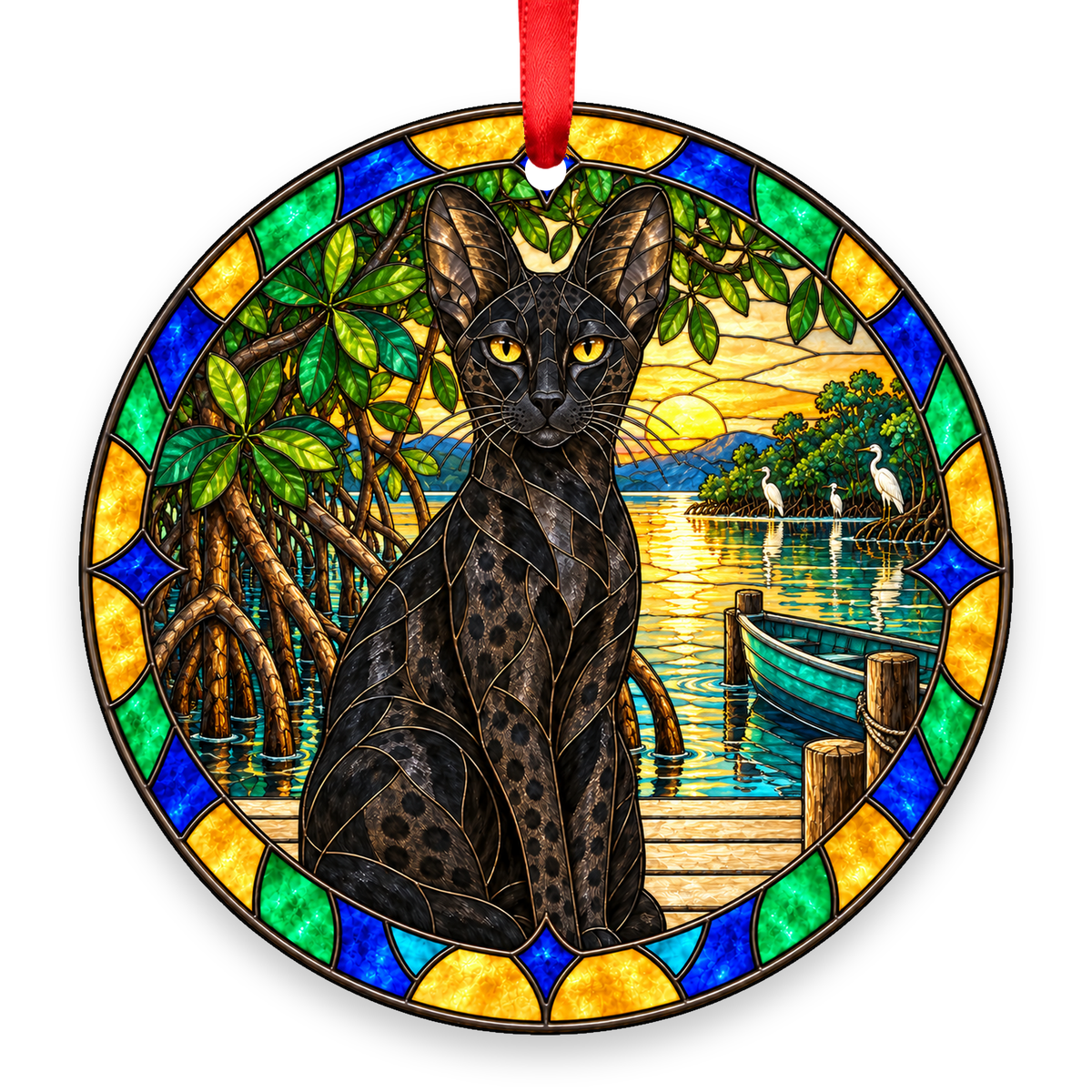 Savannah Melanistic Black stained glass style Christmas ornament with red ribbon