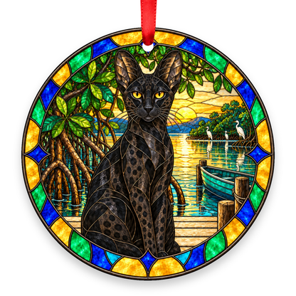 Savannah Melanistic Black stained glass style Christmas ornament with red ribbon