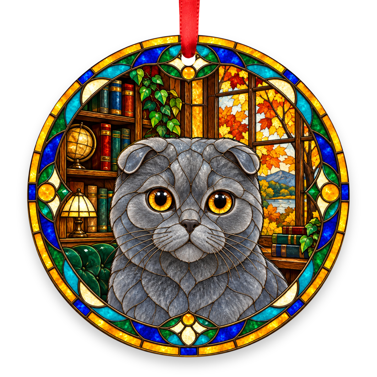 Scottish Fold Blue stained glass style Christmas ornament with red ribbon