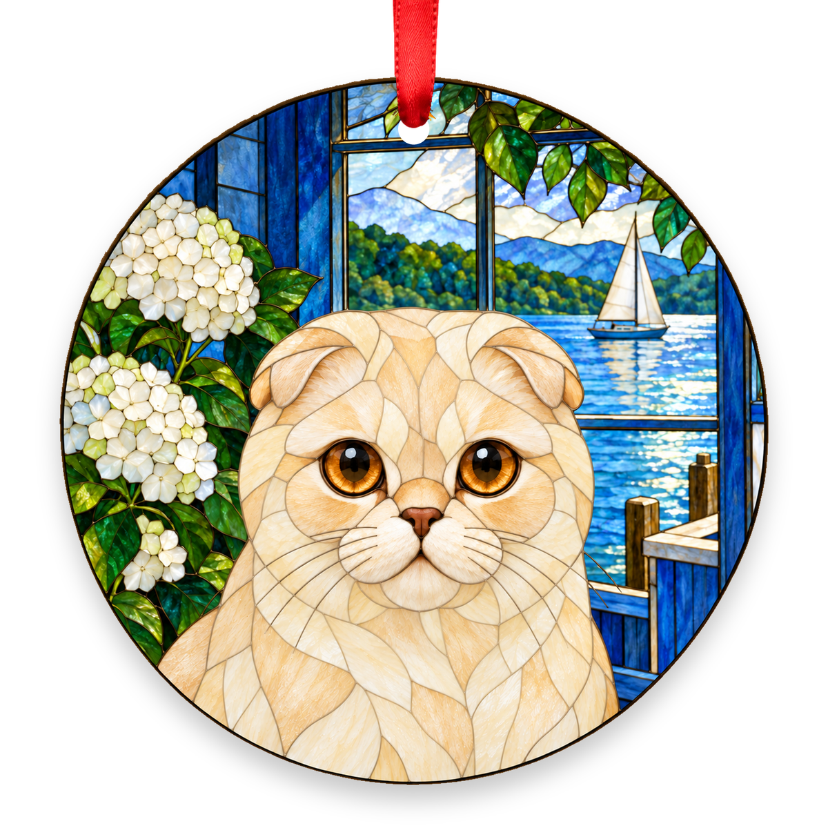 Scottish Fold Cream stained glass style Christmas ornament with red ribbon