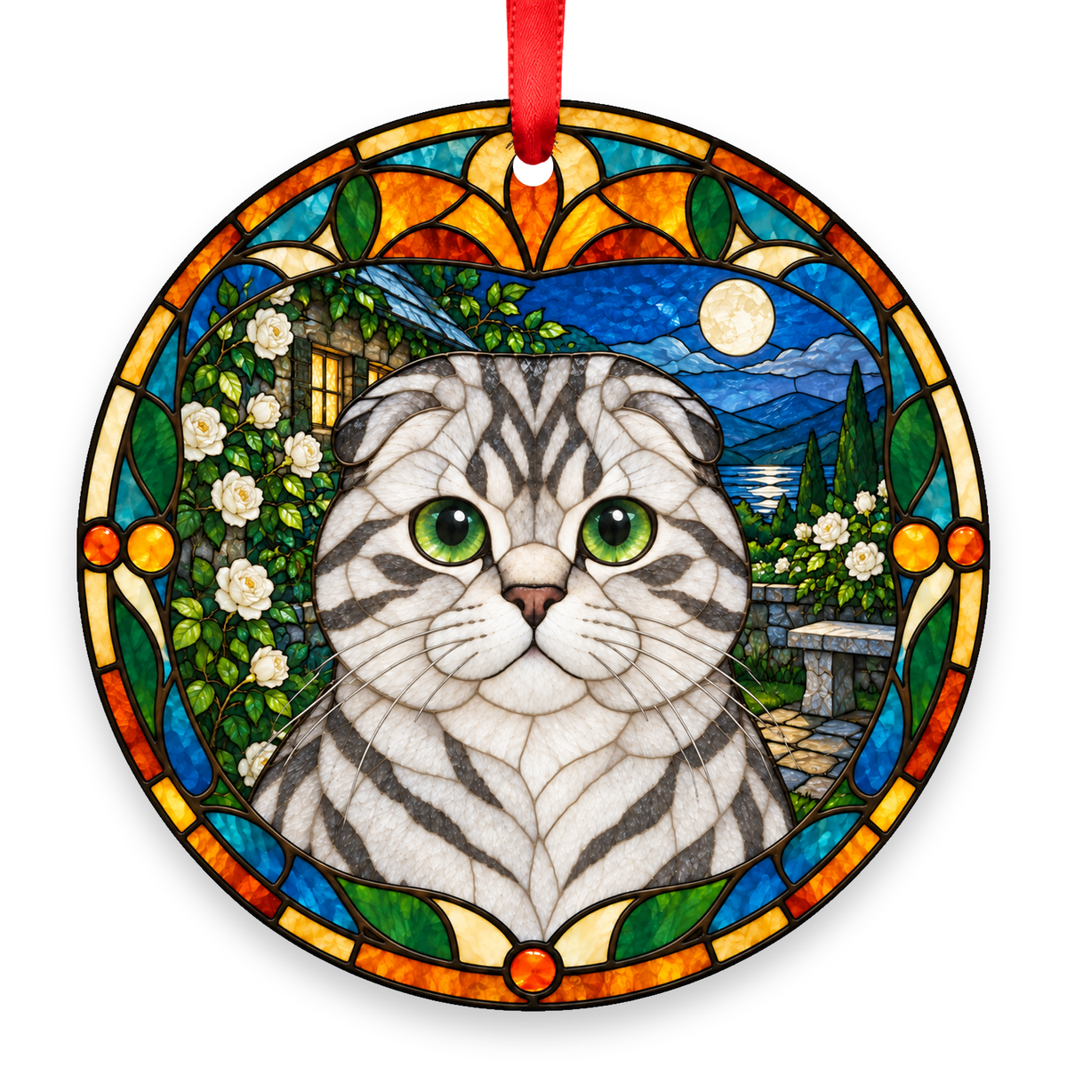 Scottish Fold Silver Tabby stained glass style Christmas ornament with red ribbon