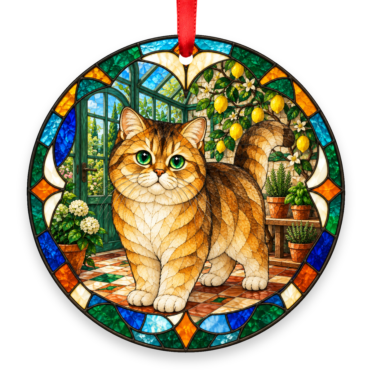 Scottish Straight Golden Shaded stained glass style Christmas ornament with red ribbon