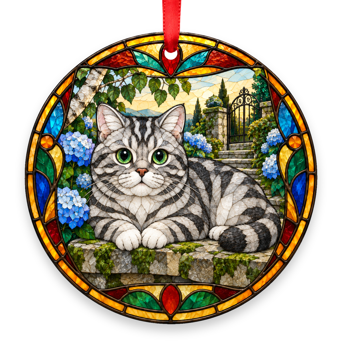Scottish Straight Silver Tabby stained glass style Christmas ornament with red ribbon