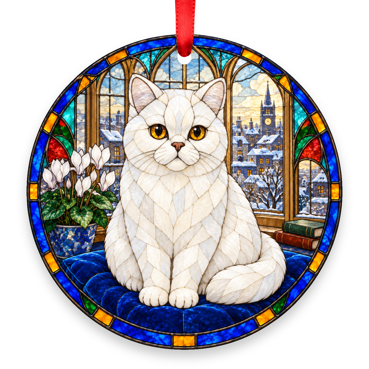 Scottish Straight White stained glass style Christmas ornament with red ribbon