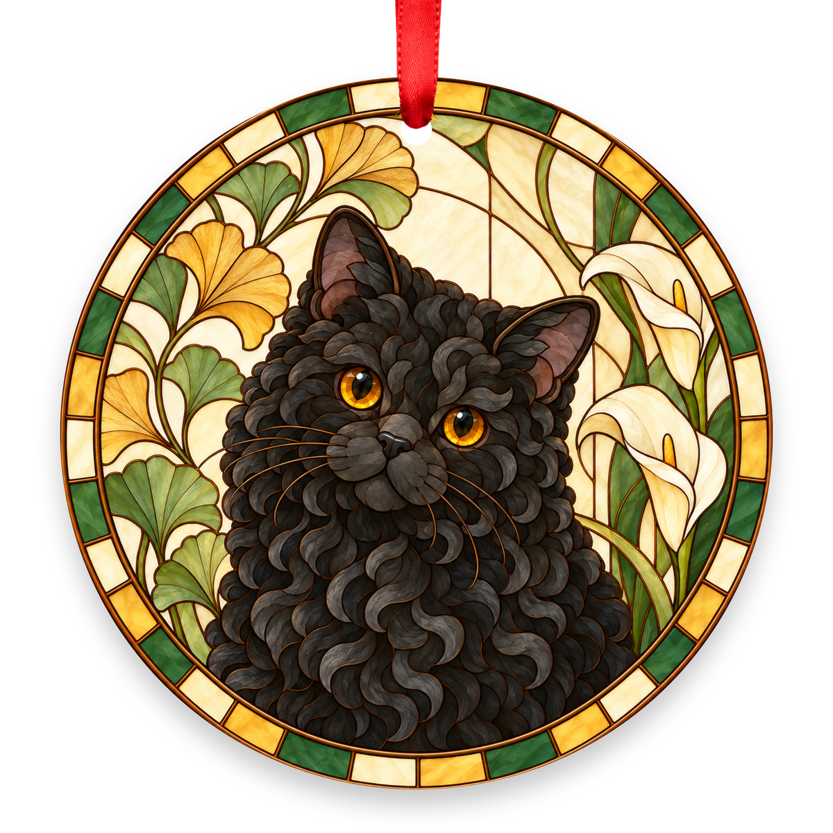 Selkirk Rex Black stained glass style Christmas ornament with red ribbon