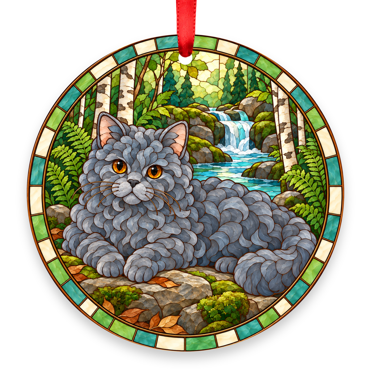 Selkirk Rex Blue stained glass style Christmas ornament with red ribbon