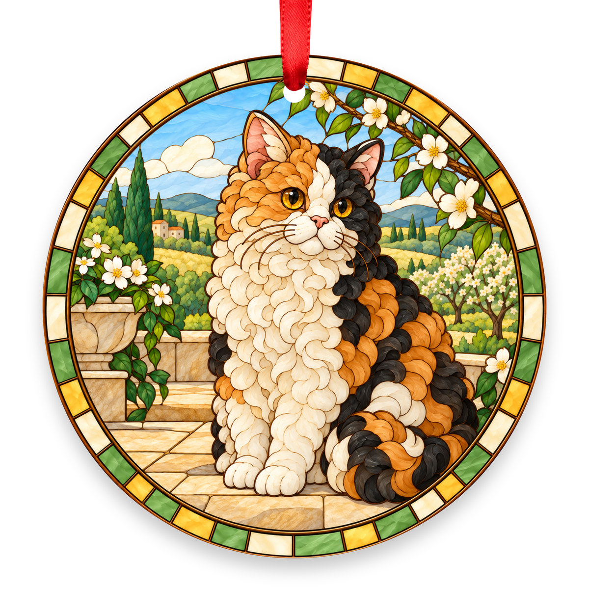 Selkirk Rex Calico stained glass style Christmas ornament with red ribbon