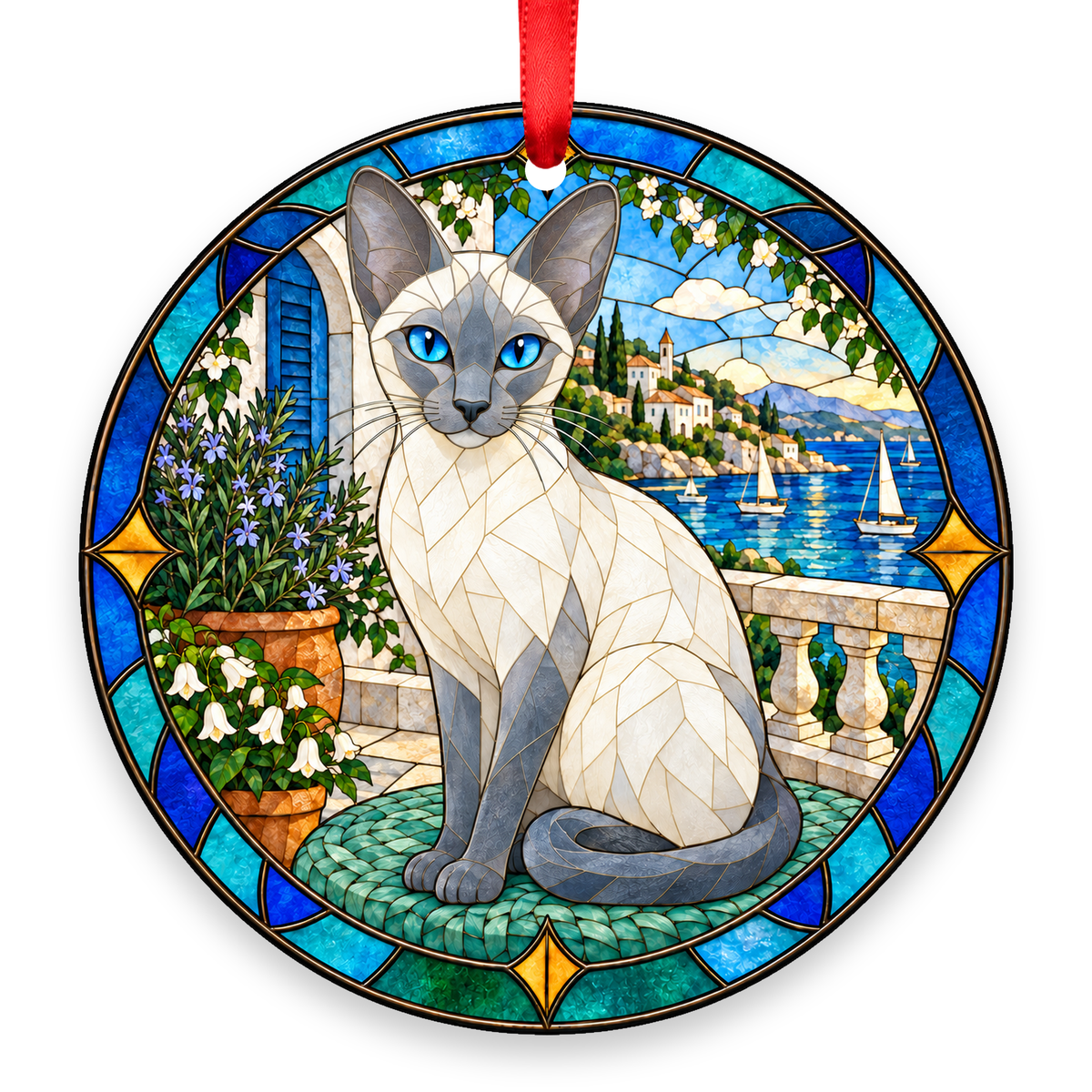 Siamese Blue Point stained glass style Christmas ornament with red ribbon