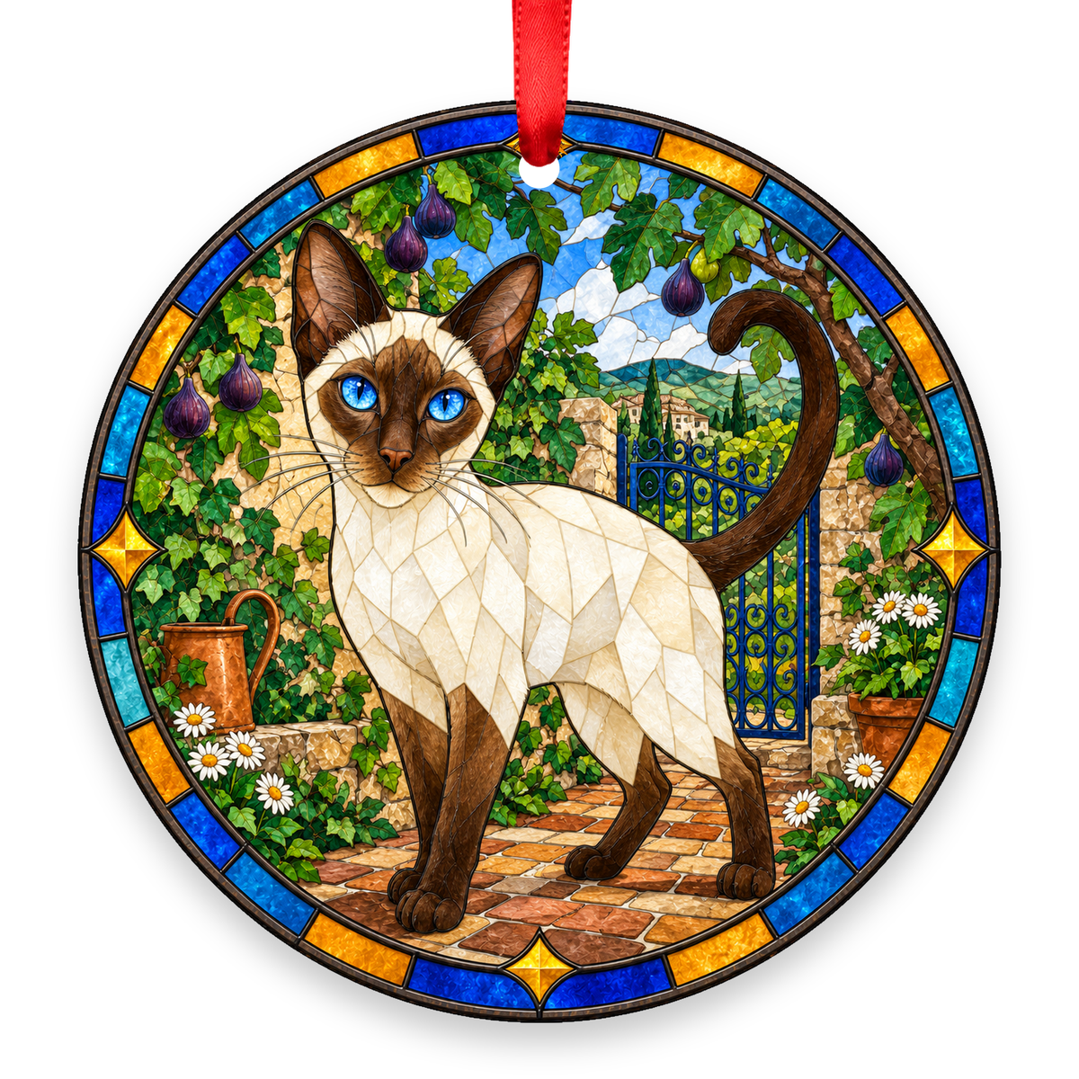 Siamese Chocolate Point stained glass style Christmas ornament with red ribbon