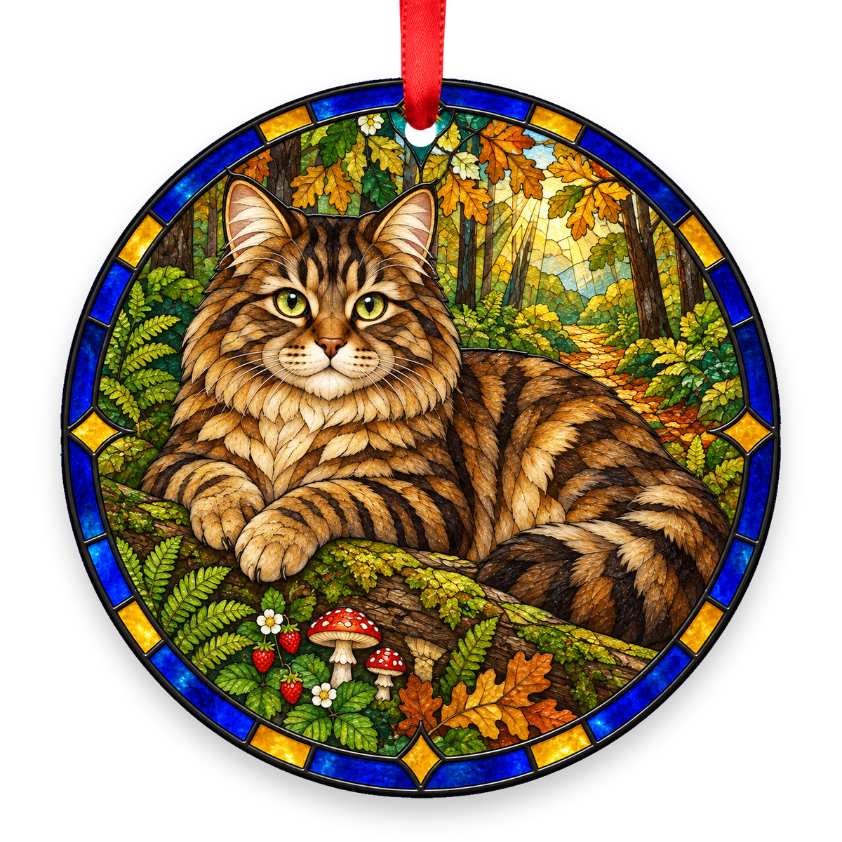 Siberian Brown Tabby stained glass style Christmas ornament with red ribbon