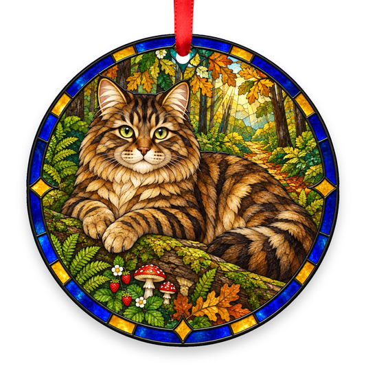 Siberian Brown Tabby stained glass style Christmas ornament with red ribbon