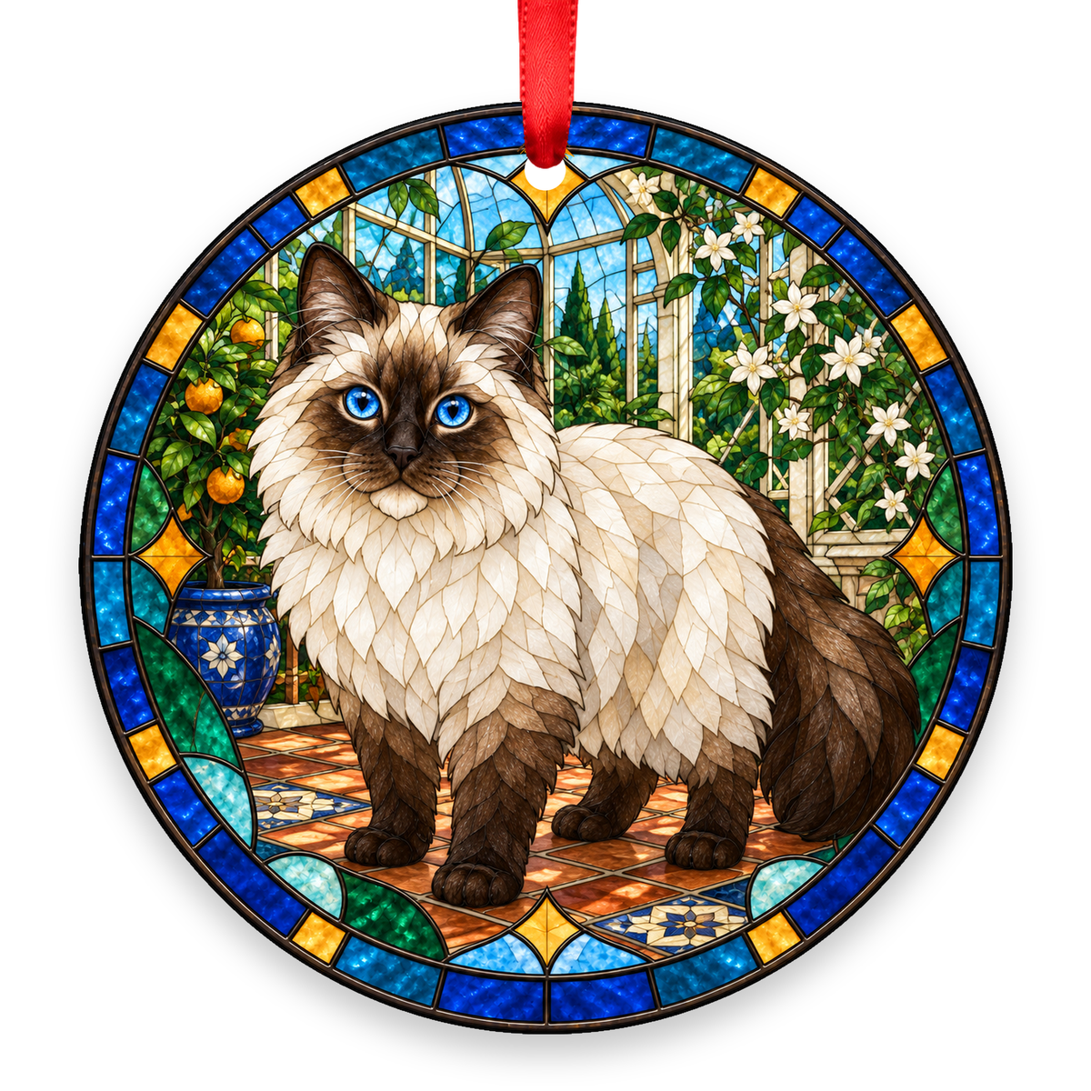 Siberian Neva Masquerade stained glass style Christmas ornament with red ribbon
