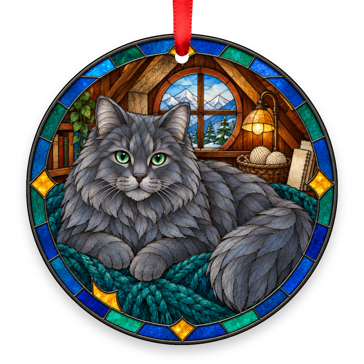 Siberian Solid Blue stained glass style Christmas ornament with red ribbon