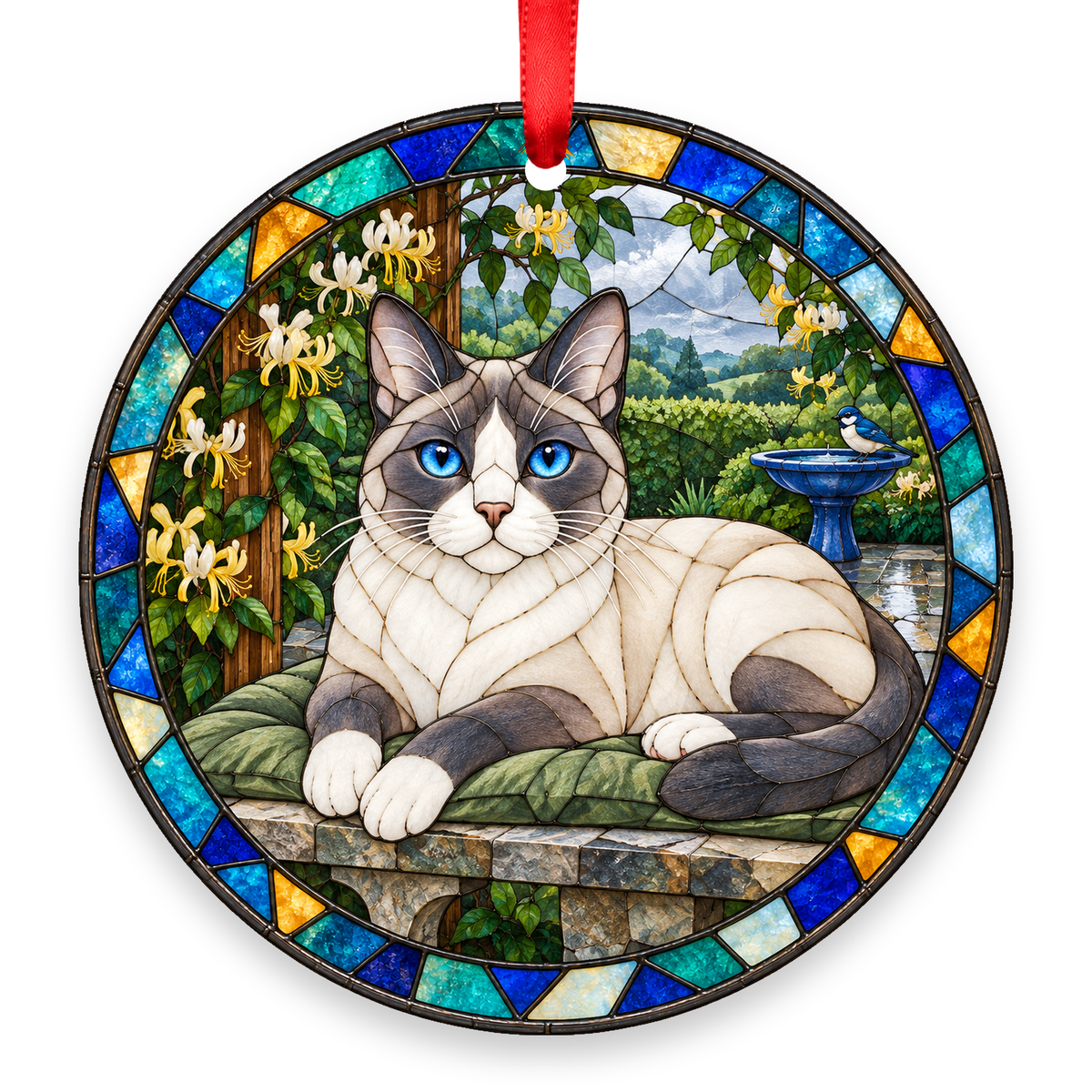 Snowshoe Blue Point stained glass style Christmas ornament with red ribbon