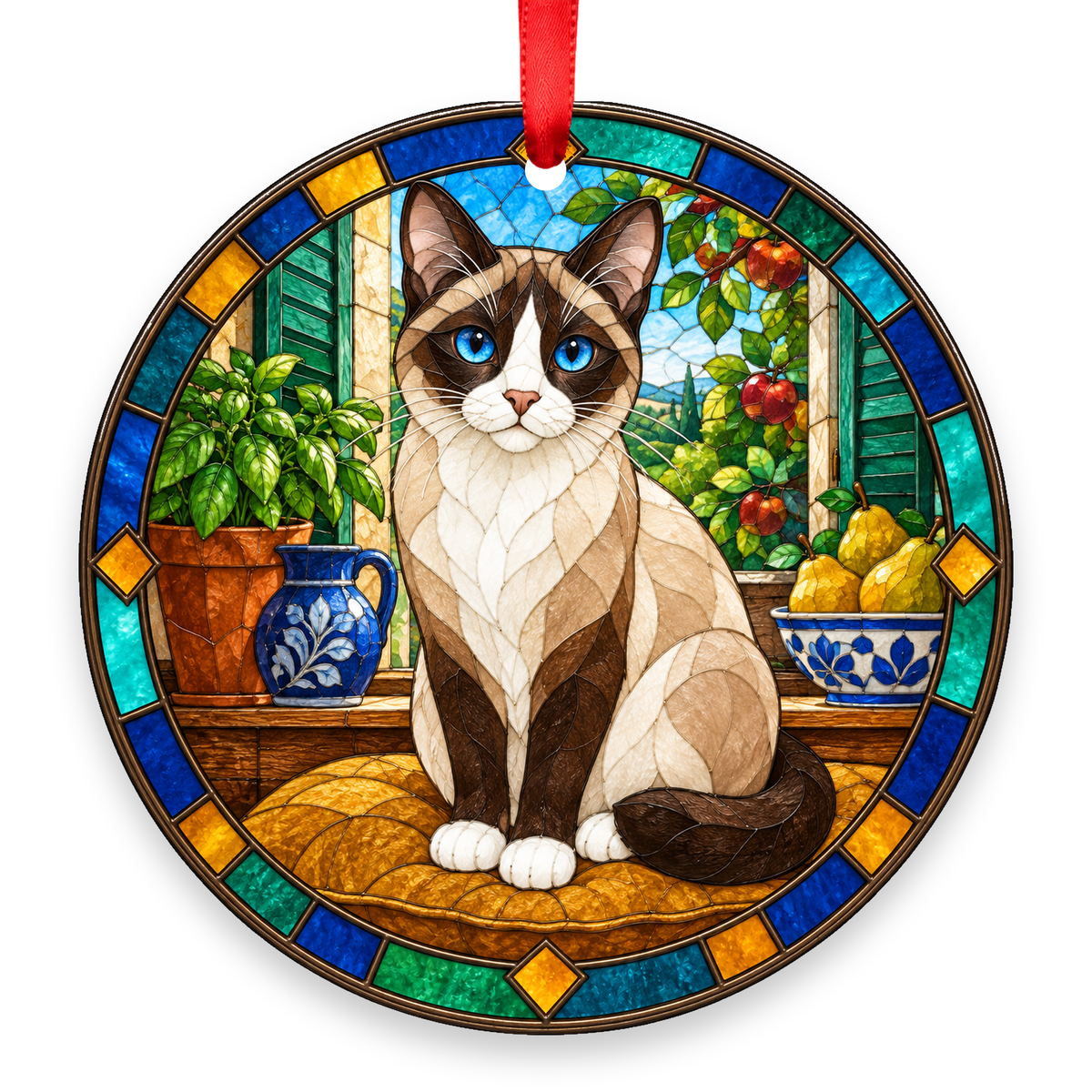 Snowshoe Seal Point stained glass style Christmas ornament with red ribbon