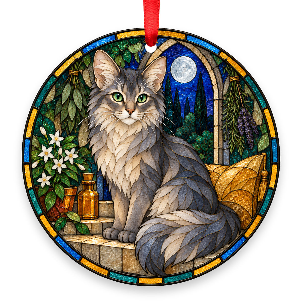 Somali Blue stained glass style Christmas ornament with red ribbon