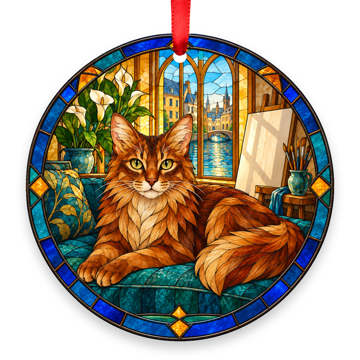 Somali Red stained glass style Christmas ornament with red ribbon