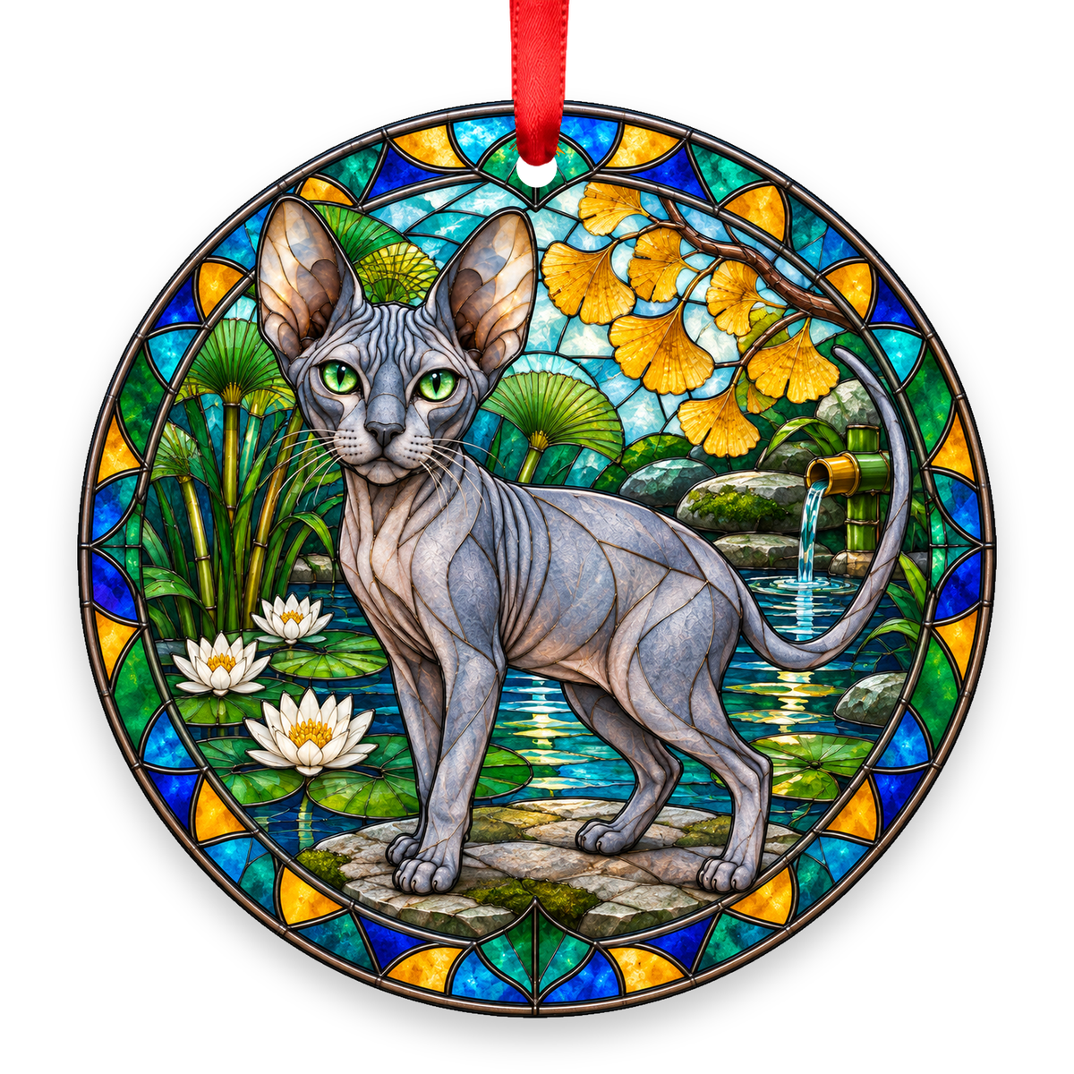 Sphynx Blue stained glass style porcelain Christmas ornament with red ribbon